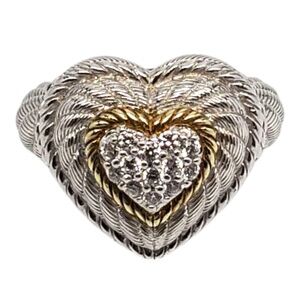 Judith Ripka Sterling Silver and  Gold Tone CZ Pave Heart Ring Size 7 #21041
